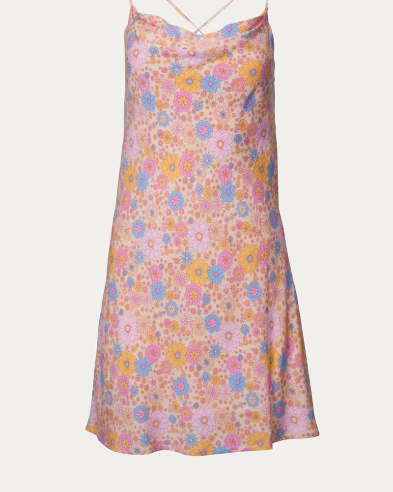 Front of a size L Floral-Print Jersey Mini Dress in Pink/Yellow in Pink/Yellow by LUCCA. | dia_product_style_image_id:337266